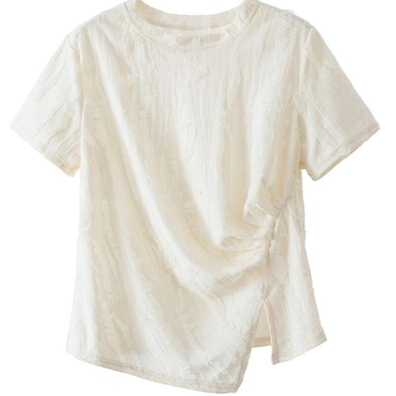 Irregular Ruched Regular Shoulder Short Sleeve T-Shirt For Women Summer Design Sense Distressed Unique Slimming Round Neck Top B5