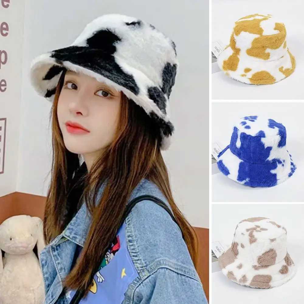 Winter Bucket Hat Womens Fashion Milk Cow Grain Panama Warm Hats Female Vintage Faux Fur Fisherman Cap Hats For Women Casual Y250707