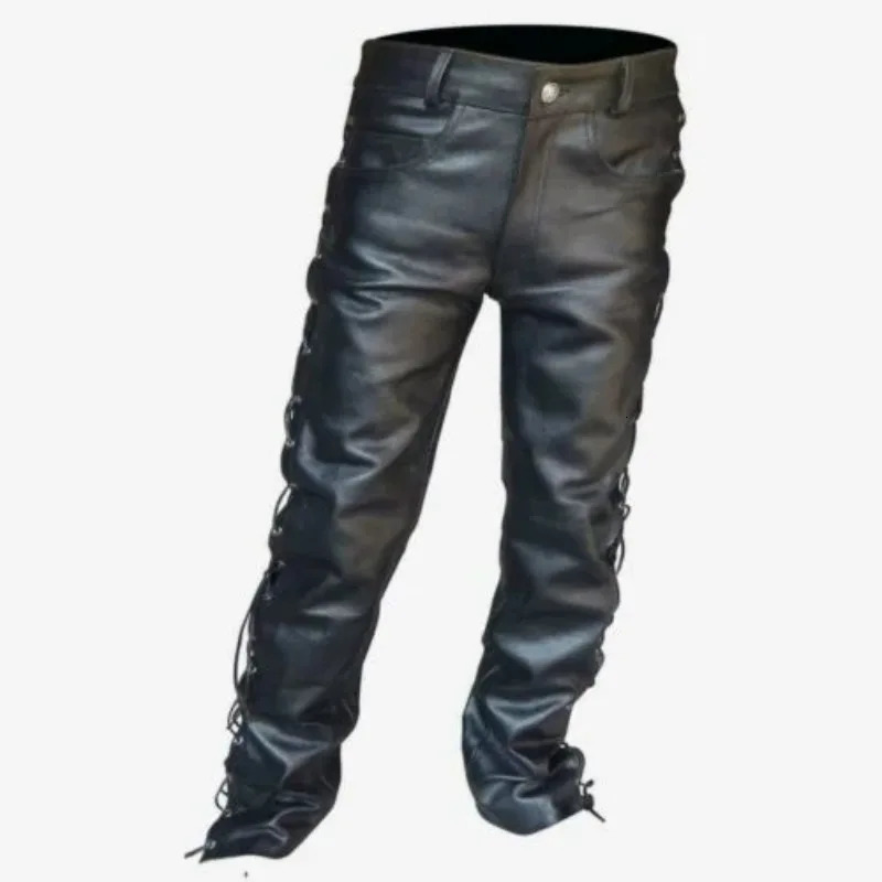 Mens Black Thick Leather Side Laces Up Jeans Style Long Pant Motorcycle Trousers Pants 250704