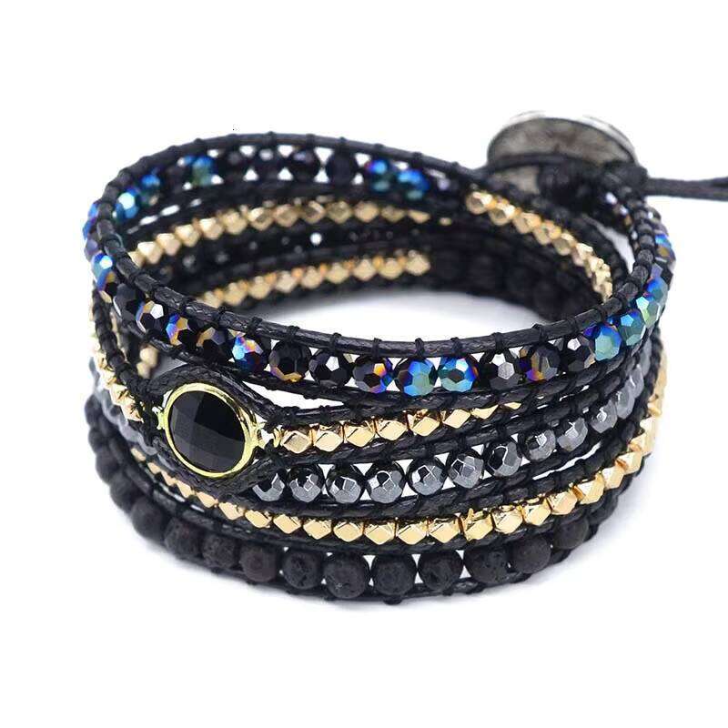 Adjustable Lava Stone Woven Vegan Bohemian Black Wax Rope Wrap Bracelet for Men and Women
