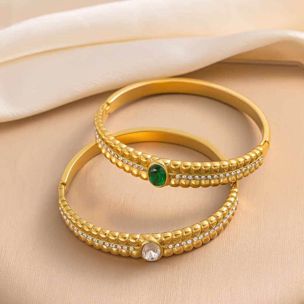 2025 Luxury jewelry designer necklace, vintage women's hollow out inlaid white green zircon stainless steel bracelet, summer gift, party, daily - view 4