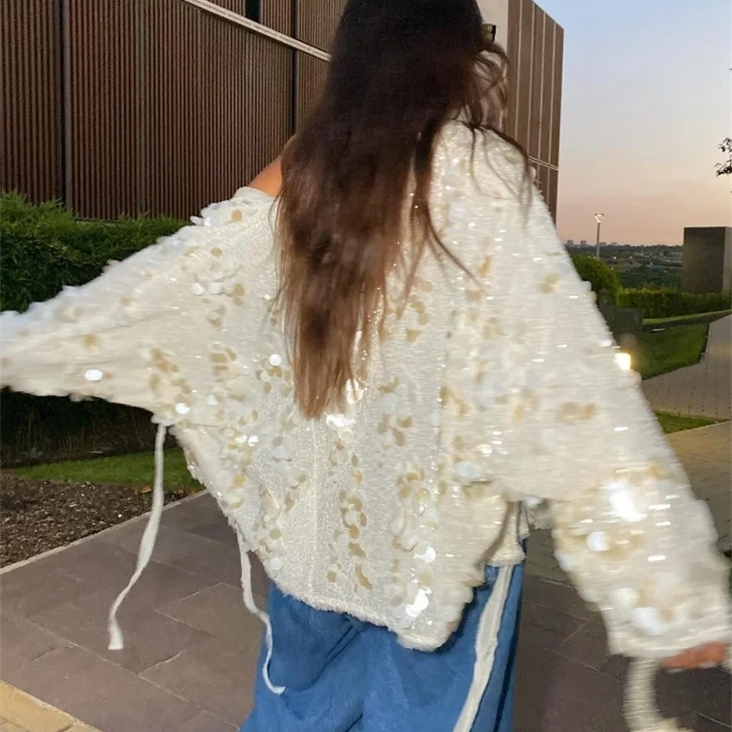 Women Sparkling Beaded Short Loose Jacket Chic Elegant V Neck Long Sleeve Lace Up Cardigan Autumn Female Fashion Streetwear 250703
