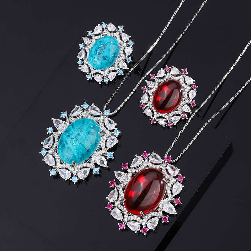 New Imitation Natural Paraiba Pendant Color-Block Full Dia Red Ring Necklace Jewelry Set Bed
