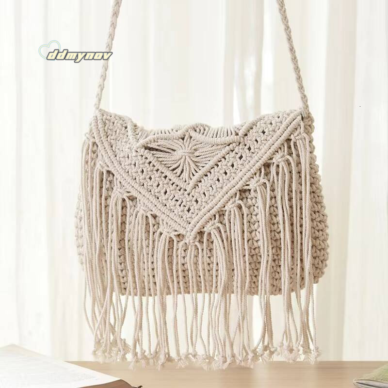 Handmade Cotton Woven Knitted Tassel Crossbody Vintage Shoulder Messenger Bag Female Fashion Beach Summer Handbags for Women ddmynov