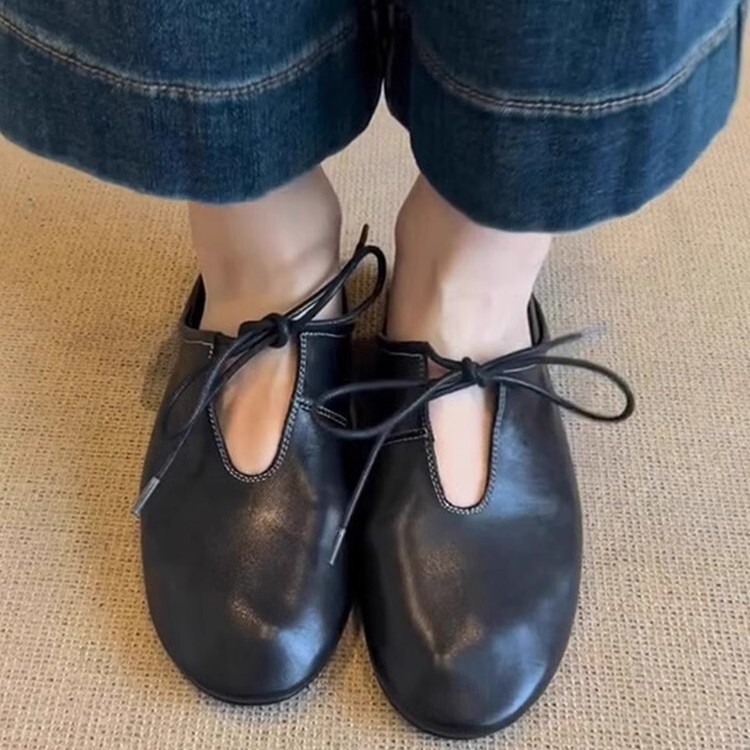 Soft Leather Flat Slip-On Two-Way Wear Women's Spring Summer New Lace-Up Hollow Round Designer Toe Shoes