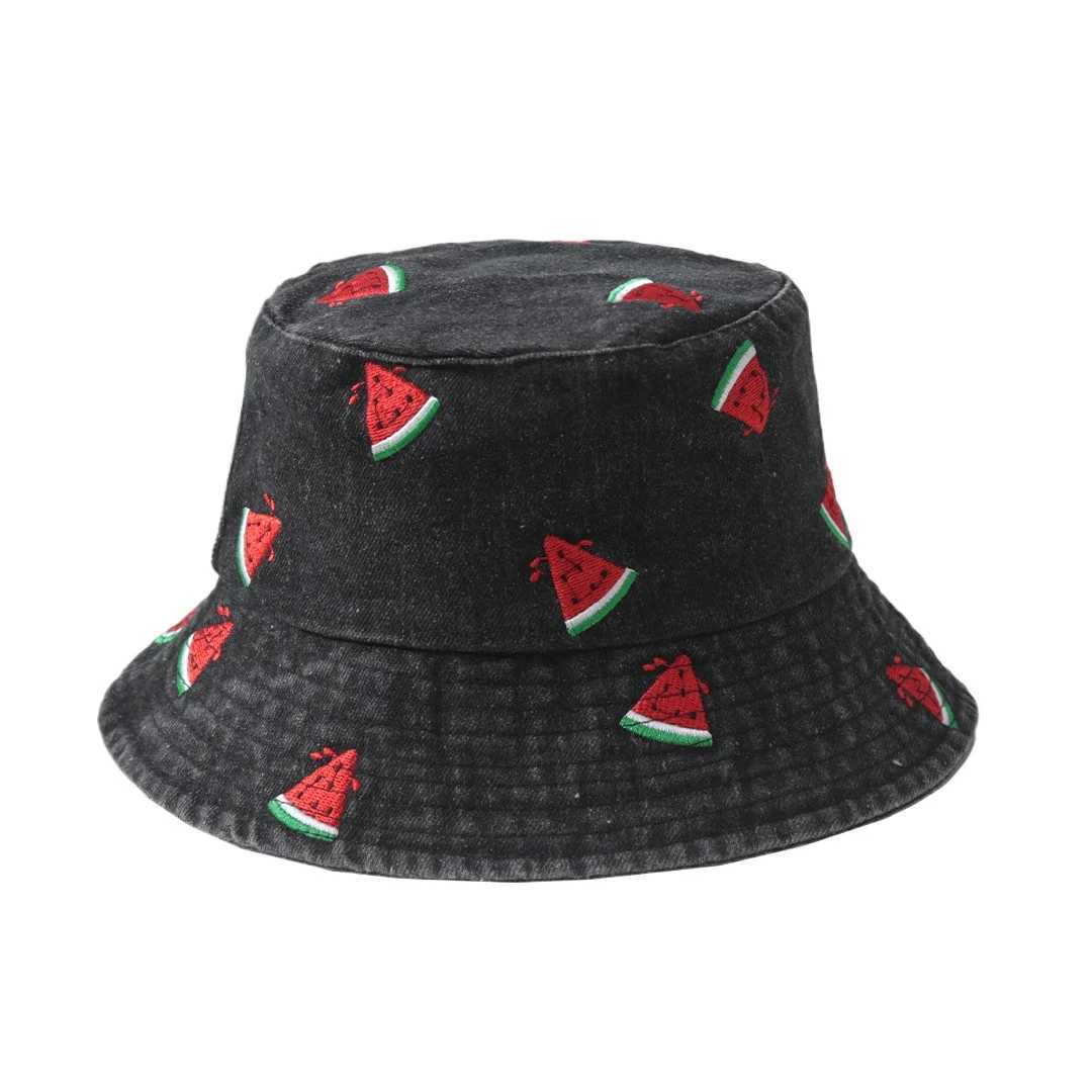 New Summer Denim Bucket Hat for Women Embroidery Watermelon Cherry Strawberry Outdoor Sunshade Fisherman Cap Men Best Matched Y250707