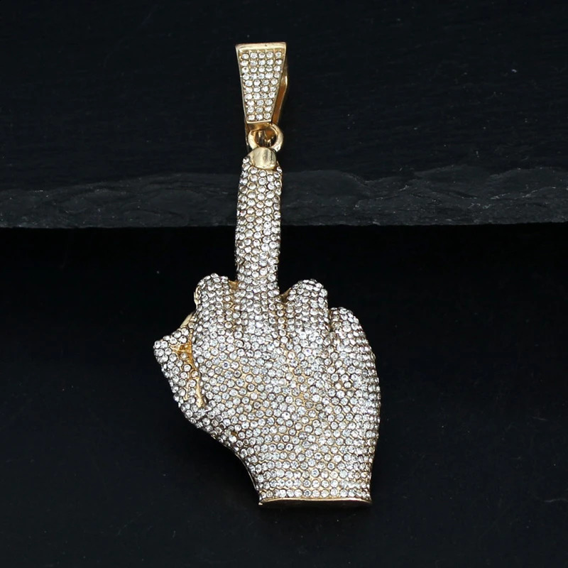 Hip Hop Big Polite Gesture Middle Finger Pendant Necklace with 11mm Crystal Cuban Chain HipHop Iced Out Necklaces for Men and Women 250707