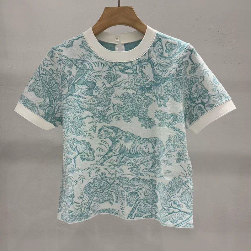 Ladies Animal Jacquard Knit T-Shirt - Premium Short Sleeve Breathable Top,Multiple Colors Luxury Jacquard Detail & Summer Capsule Essential S0721