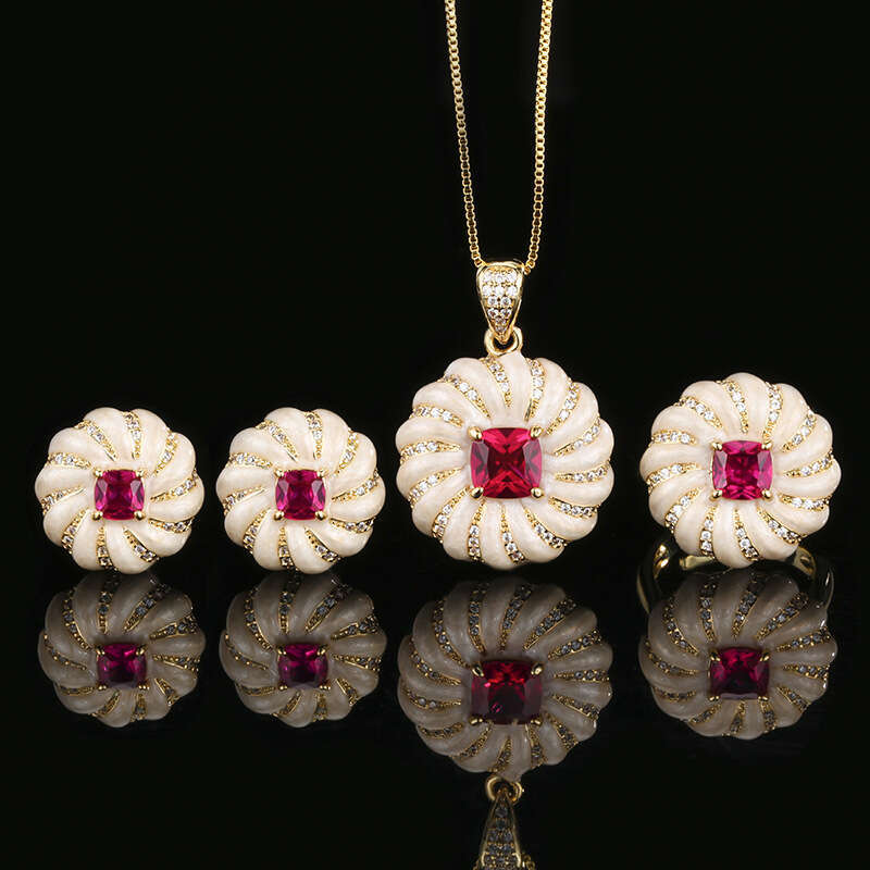 Hua Youmei Jewelry Set Decorative Earrings Necklace Ring Luxurious Palace Style Enamel Square Women's Model 8Bf