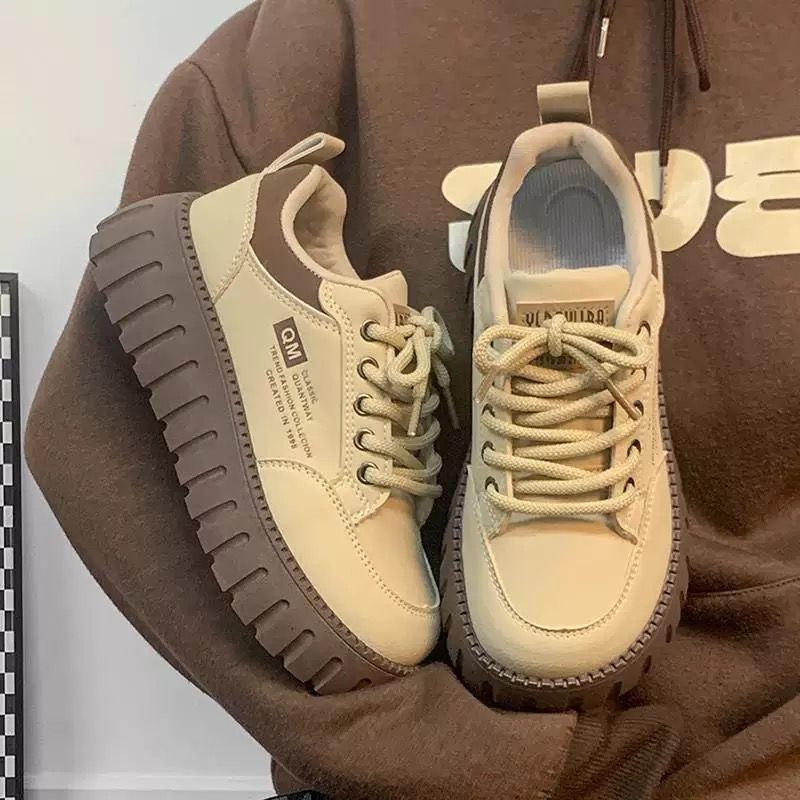 Free shipping designer Thick soled white shoes, popular in spring 2025, versatile biscuit shoes, niche casual board shoes khaki