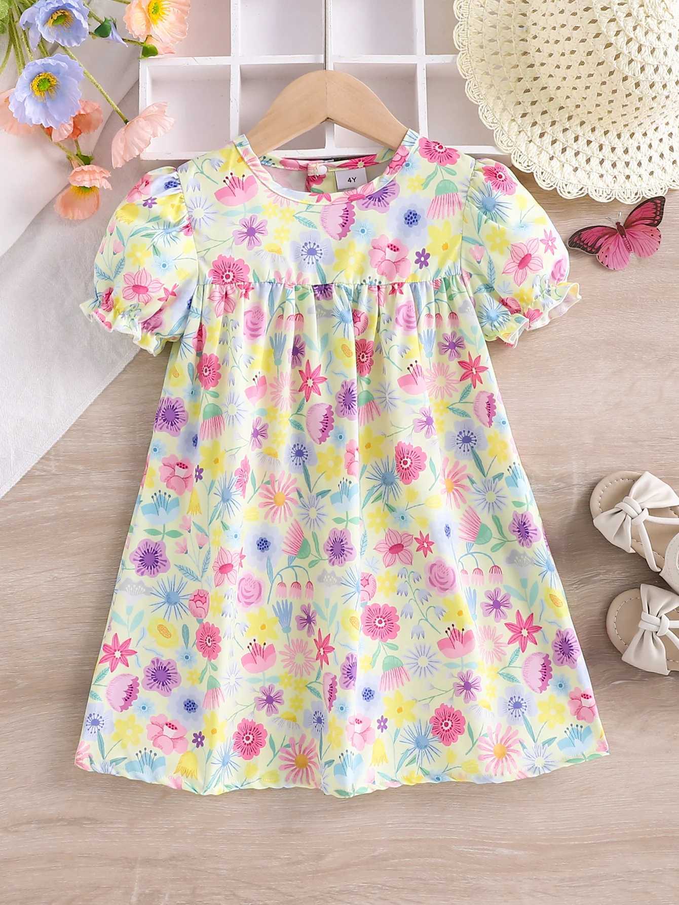 Small Floral Girls Summer Dress Thin Childrens Dress Puffed Sleeves Summer Girls Short-Sleeved Cute Floral Dress R250707