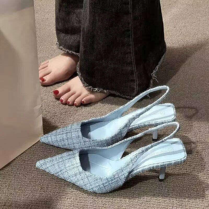 high heels Fashionable for women 2025 striped design black style pointed stilettos sexy and comfortable large-sized sandals