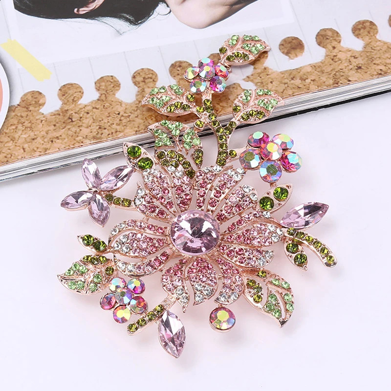 Big Elegant Pink Crystal Flower Brooch Pin Romantic Wedding Bride Bridesmaid Large Brooches For Woman Jewelry 250625