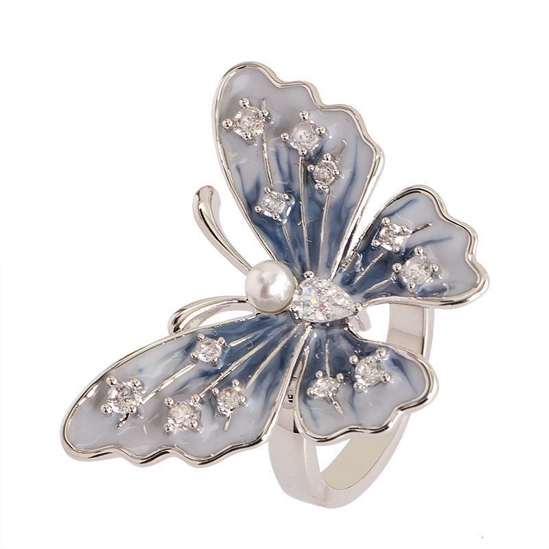 Exquisite Fashion Diamond-Studded Pearl Oil-Drip Butterfly Open for Women, Non-Fading, Petite Minimalist Style Adjustable Index Finger Ring