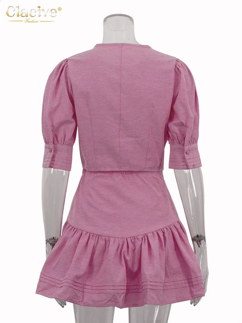 Clacive Fashion Slim Pink Cotton Woman 2 Piece Set Outfit Summer Short Sleeve Crop Top With High Waist Mini Skirt Set Female 250703