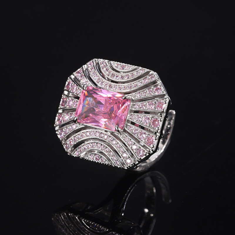 Fashion Luxury Rose Royal Blue Open Ring Red Corundum Pink Zircon Rectangular Women's 400