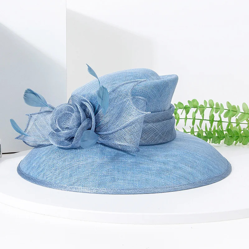 y Blue Sinamay Church Hat For Women Elegant Feather Wedding Bridal Bowler Hats Cocktail Party Derby Cap Chapeau Femme 250707