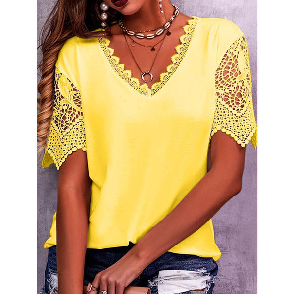 2025 Summer new women's T-shirt new solid color women's T-shirt popular lace collar lace sleeves niche loose V-neck short sleeved T-shirt ne