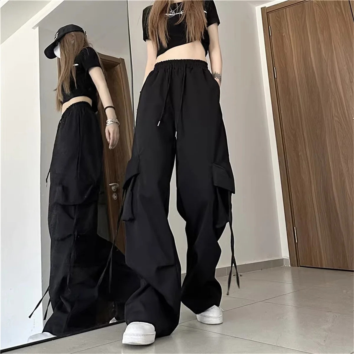 Plus Size Women Cargo Pants High Waist Solid Fashion Street Pant Vintage Drawstring Pocket Trousers Loose Casual Joggers Clothes 250628