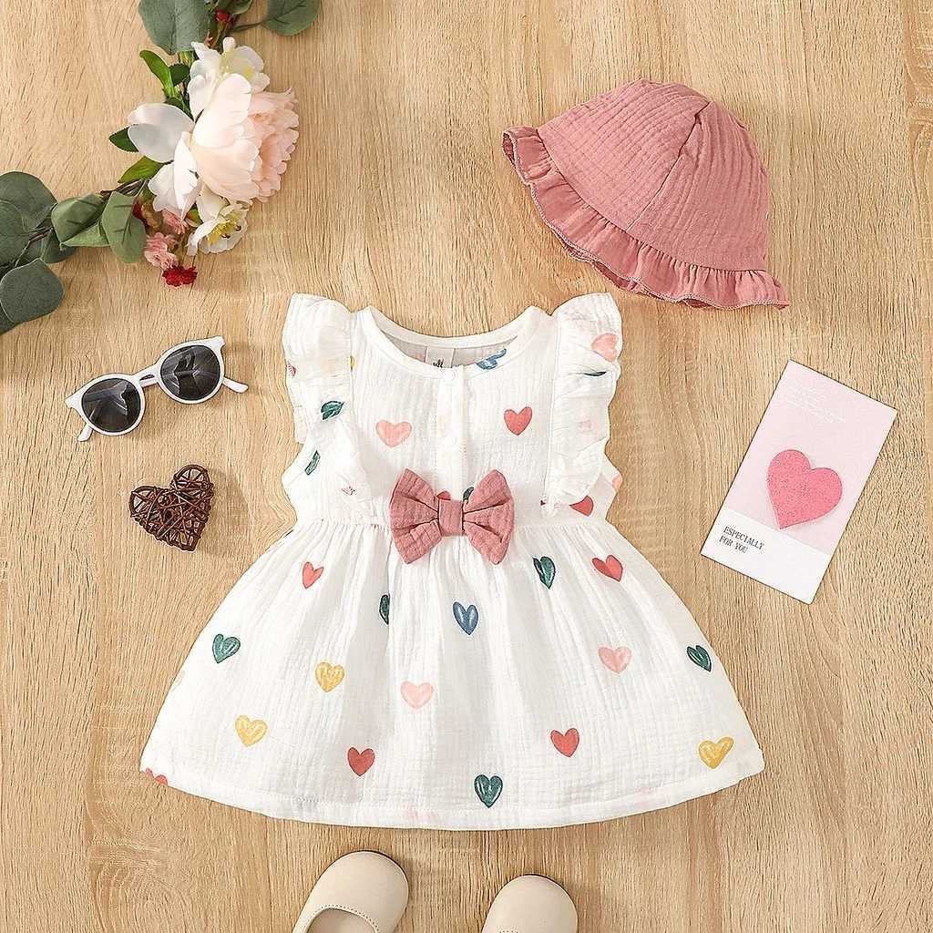 Newborn Baby Girl Sweet Cotton Dress Sleeveless Love Pattern Dress+Hat 2PCS Summer Beach Clothing for Infant Girl 0-9 Months R250707