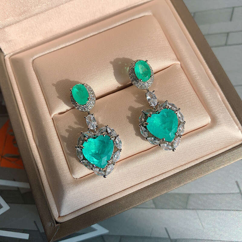 Heart Paraiba Socialite Imitation Emerald Micro Pave Zircon Earrings 2B7