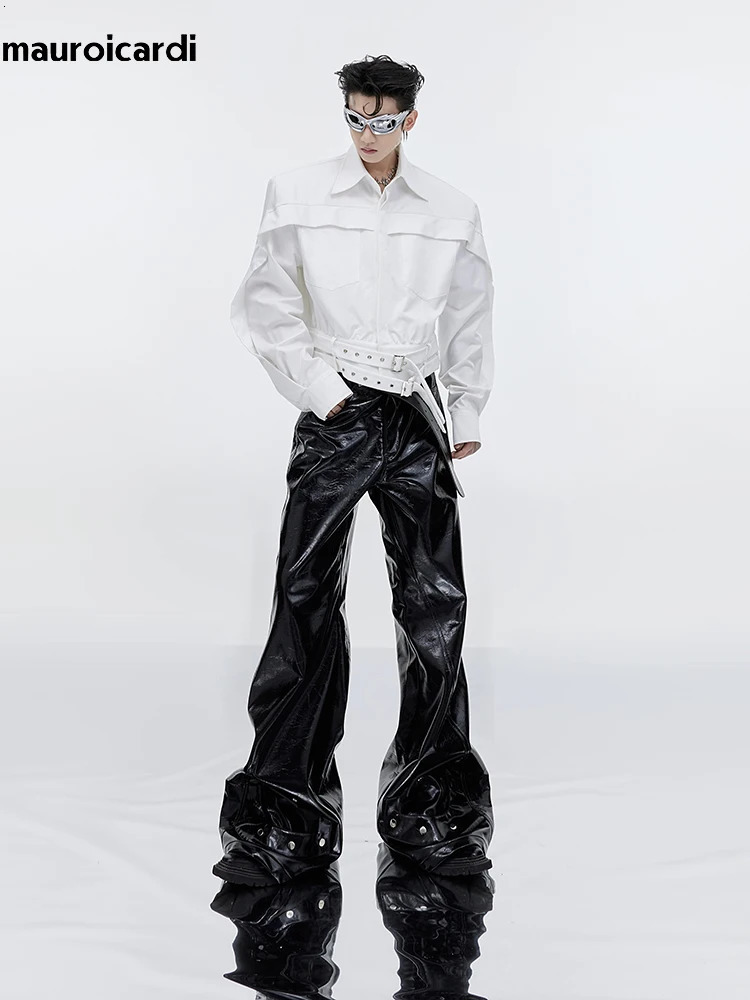 Mauroicardi Spring Autumn Cool Black Shiny Reflective Pu Leather Flare Pants for Men High Quality Trousers Mens Clothes 250704