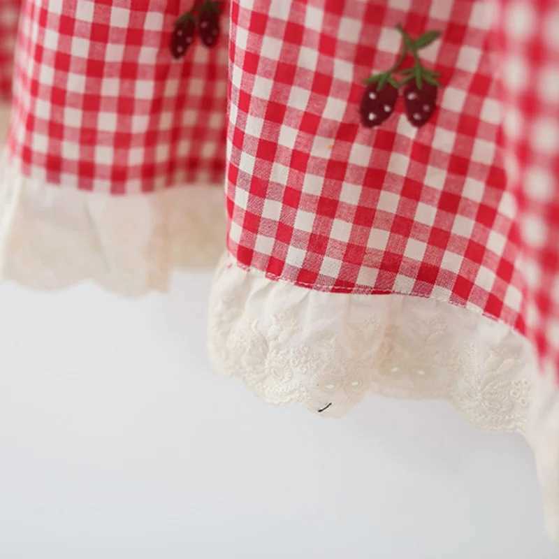 Baby Girl Summer Dress Red Checkered Cotton Sleeveless Cute Cherry Embroidery Bow Girl Princess Dress R250707