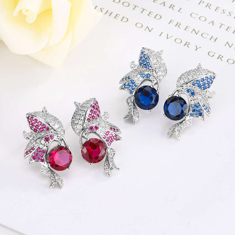 Huayoumei Jewelry S Sier Needle Earrings Red Corundum Blue Spinel Women's High-End Feel 27C