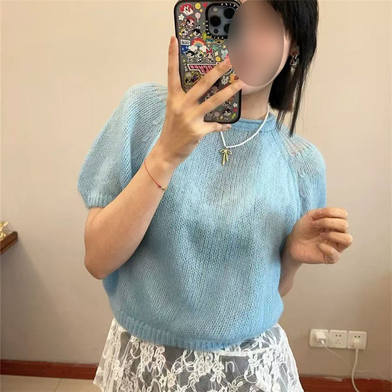 2025 Summer new women's T-shirt furry top elegant loose women's French style short sleeved round neck new bubble sleeve knitted sweater new 