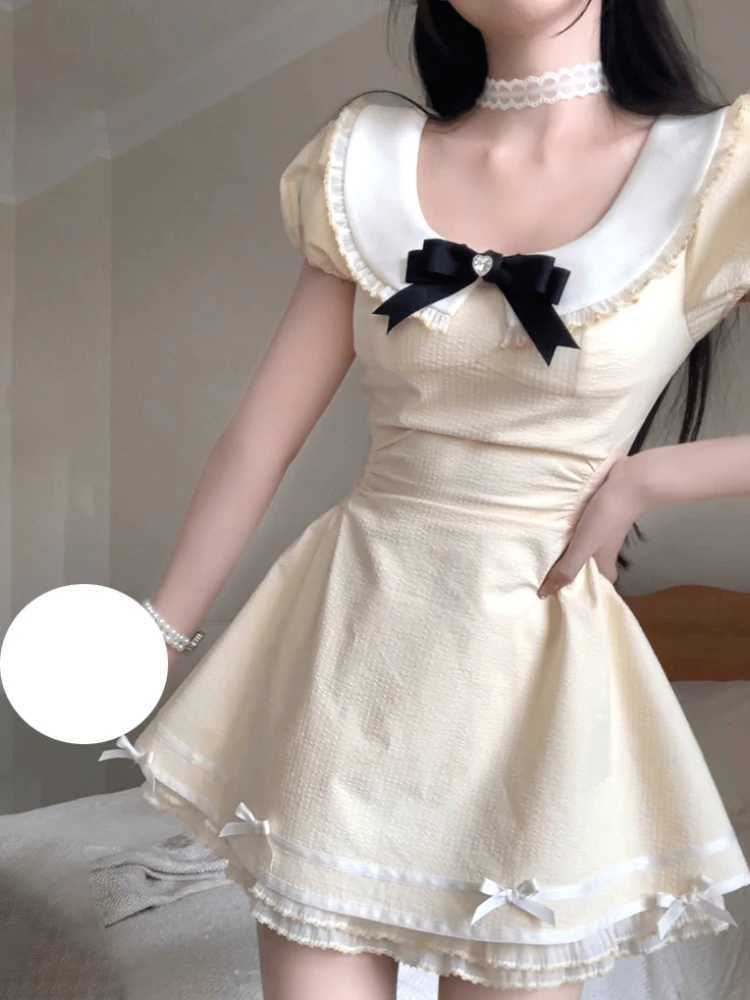 French Sweet Design One Piece Dress Women Slim Fit Waist Bow A-Line Dresses Yellow Square Neck Elegant Lady Party Dress 2025 New R250708