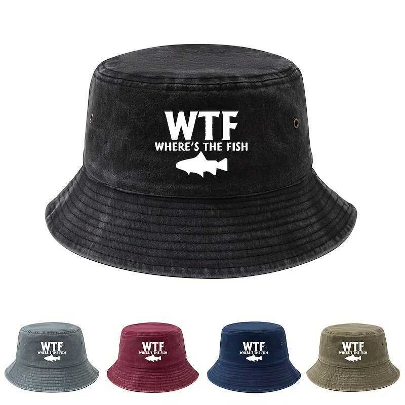 Male and female outdoor fishing fisherman hat WHERES THE FISH print lightweight sun hat camping leisure bucket hat. Y250707