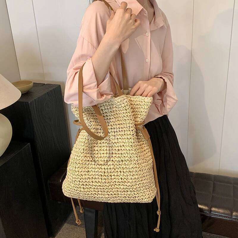 Straw Large Capacity Tote Bag Summer Beach Shoulder Bags Handmade Bag Top-Handle Raffia Boho Woven Women Bags