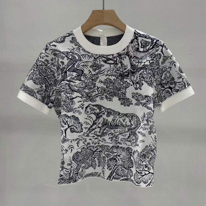 Ladies Animal Jacquard Knit T-Shirt - Premium Short Sleeve Breathable Top,Multiple Colors Luxury Jacquard Detail & Summer Capsule Essential S0721