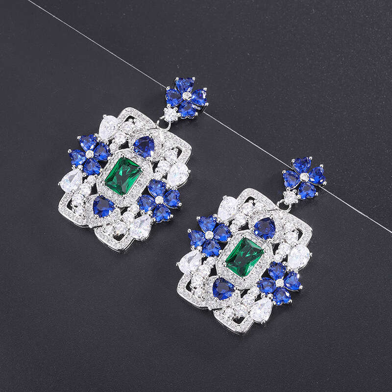 Court Style High-End Blue Heart Flower Square Stud For Women Micro-Inlaid Zircon Drop Earrings Fcd