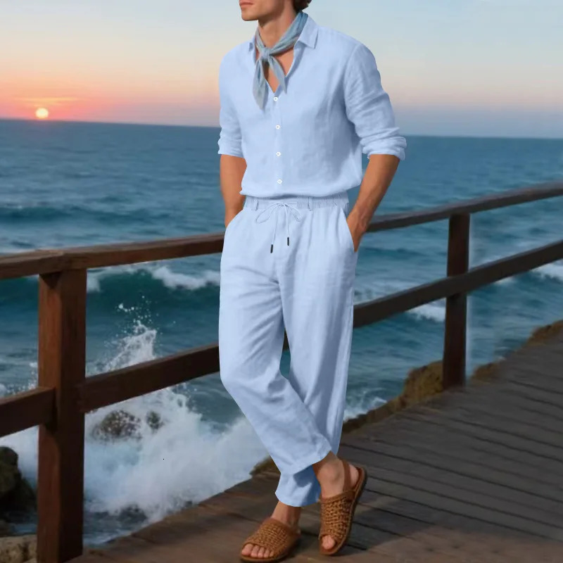 Vintage Solid Color Long Sleeve Outfits For Mens Spring Summer Casual Linen Shirt And Pants Men Two Piece Suits Fashion Sets 250707