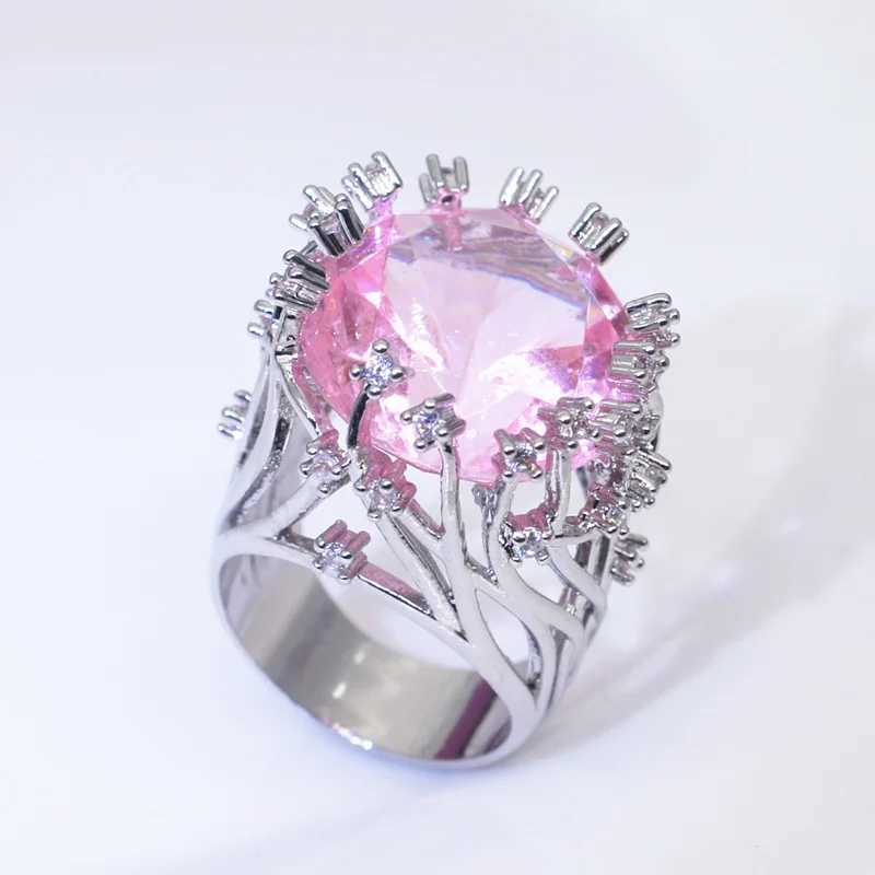 925 Sterling Silver Ring Inlaid with Pink Crystal Zircon Exaggerated Ring for Women Wedding Jewelry Gift XJ250707