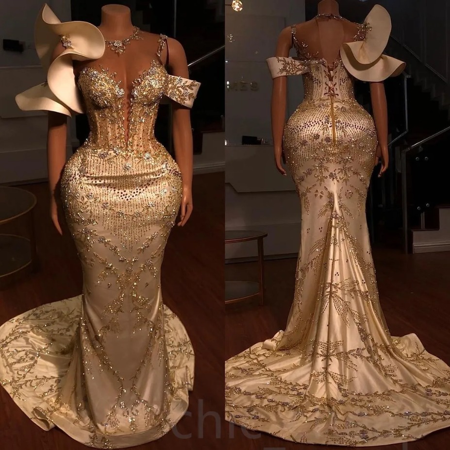 Arabic Aso Ebi Gold Mermaid Prom Dresses Lace Beaded Sexy Evening Formal Party Second Reception Birthday Engagement Gowns Dress 2025