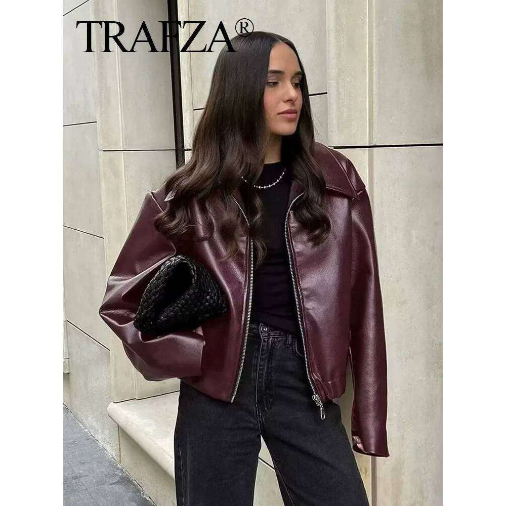 TRAFZA Women Autumn Fashion Bury Faux Leather Jackets Zipper Casual Lapel Long Sleeves Coat Female High Street PU Outerwear