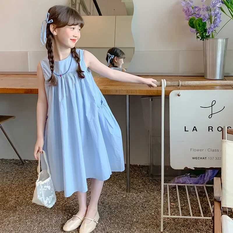 Girls Summer Dress New Korean Pure Cotton Solid Color Round Neck Pleated Princess Sleeveless Dress for Kids R250707
