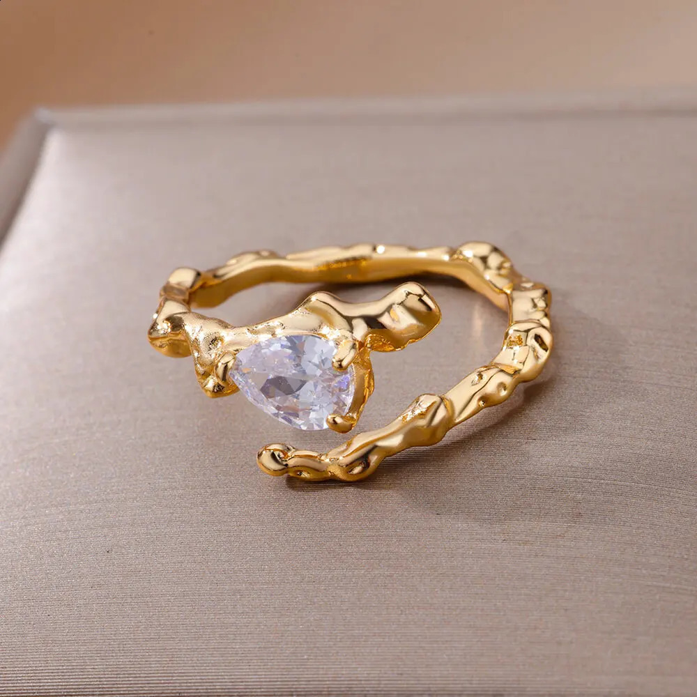 Water Drop Zircon Texture Rings For Women Gold Plated Stainless Steel Adjustable Ring 2023 Trend Wedding Aesthetic Jewelry Gift 250624
