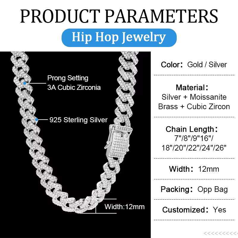 Custom Hip Hop Ice Out Mossanite Necklace 925 Sterling Silver VVS Moissanite Cuban Link Cuban Chain