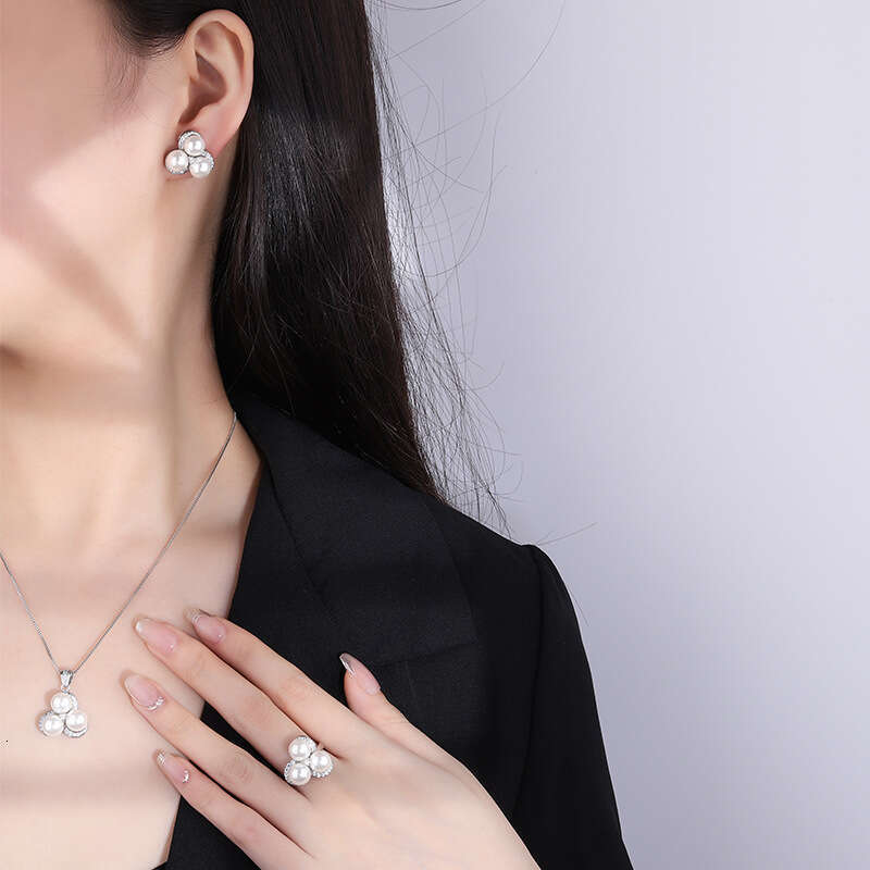 Gold-Plated Copper Live Hot Style Fashion Pearl Micro-Inlaid Dia Earrings Ring Necklace Three-Piece Set For Women A03