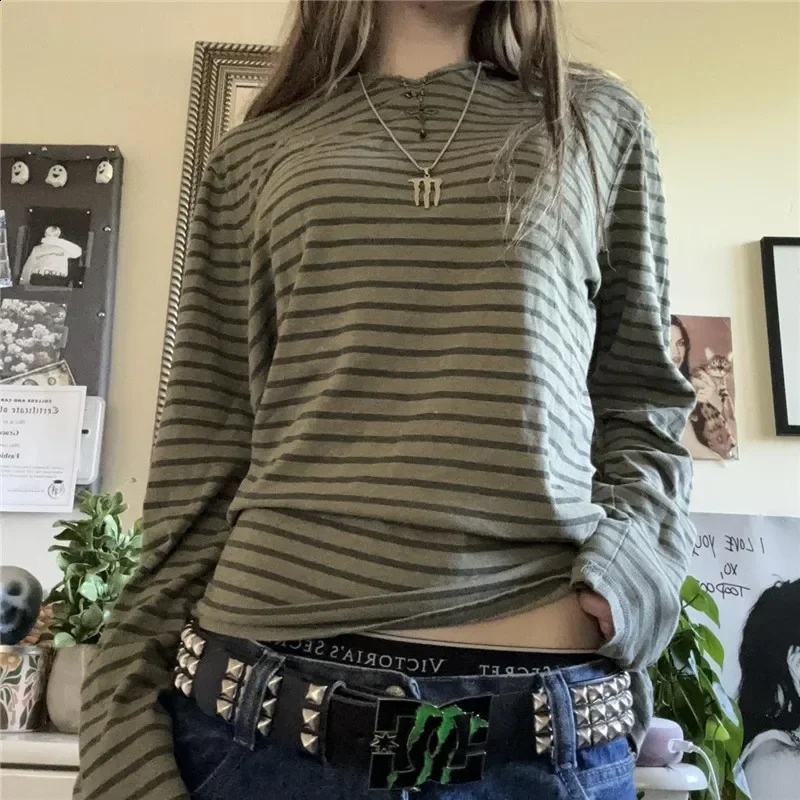 Y2k Teen Striped Long Sleeve T-Shirts Fairy Grunge Print Baggy Tops Vintage Harajuku 2000s E-Girl Shirts Vintage Streetwear 250707