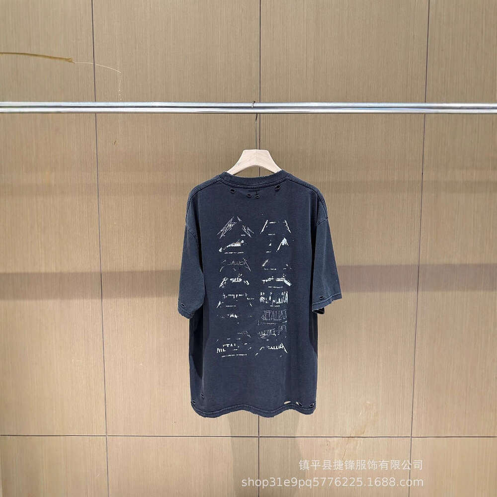 New American Style Letter Print Washed Vintage T-Shirt with Holes Loose Fit High Street Unisex Short Sleeve