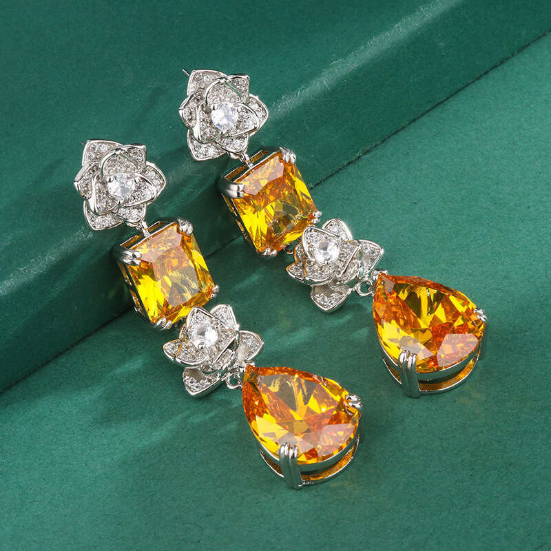 Heavy Craft Earrings Jewelry Banquet Inlaid Zircon Camellia Yellow Water Drop Tassel Women's Fashion D81