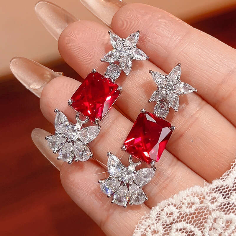 New Set Jewelry Earrings Rings Square Colorful Gemstone Red Corundum Fashion Light Women's Style 428