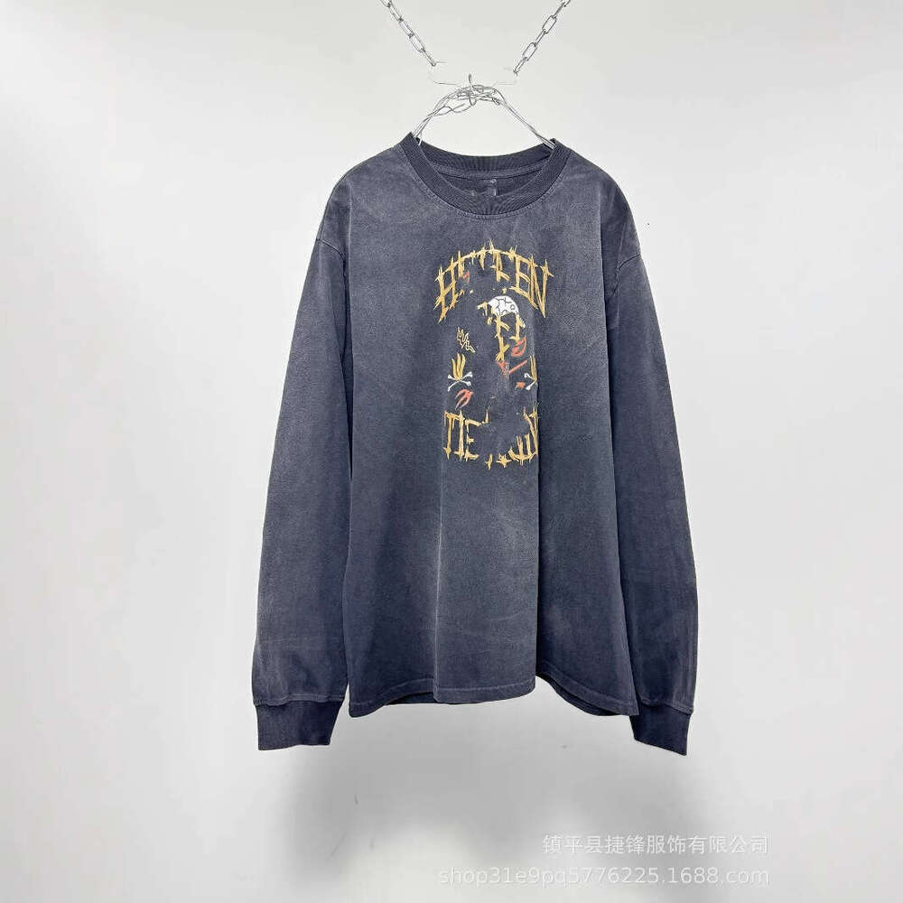 Autumn Winter New Washed Vintage Letter Print High Street Unisex Crew Neck Long Sleeve T-Shirt Trendy