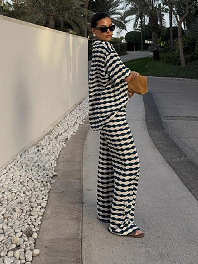 Stripe Shirts Pant Womens Suit Casual Laple Short Sleeve Tees Loose Waist Wide Leg Pants Female Set Summer Lady Beach Outwears 250703