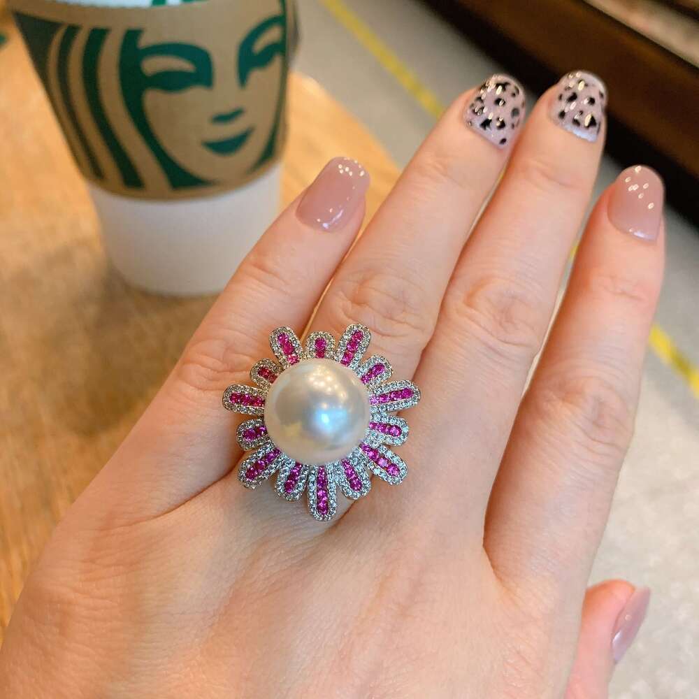 Tiktok Australian Mother-Of-Pearl Pearl Micro-Paved Red Ruby Fashion Adjustable Ring 0B6