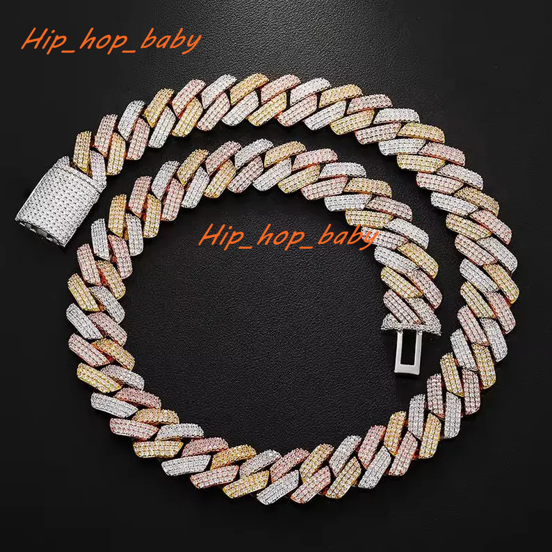 Hip Hop Luxury Jewelry 19MM 3 Tone Moissanite Cuban Chain Necklace Pass Diamond Test Iced Out S925 Cuban Link Chain